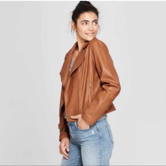 Brown Faux Leather Bomber Moto Jacket - Picture 1 of 9